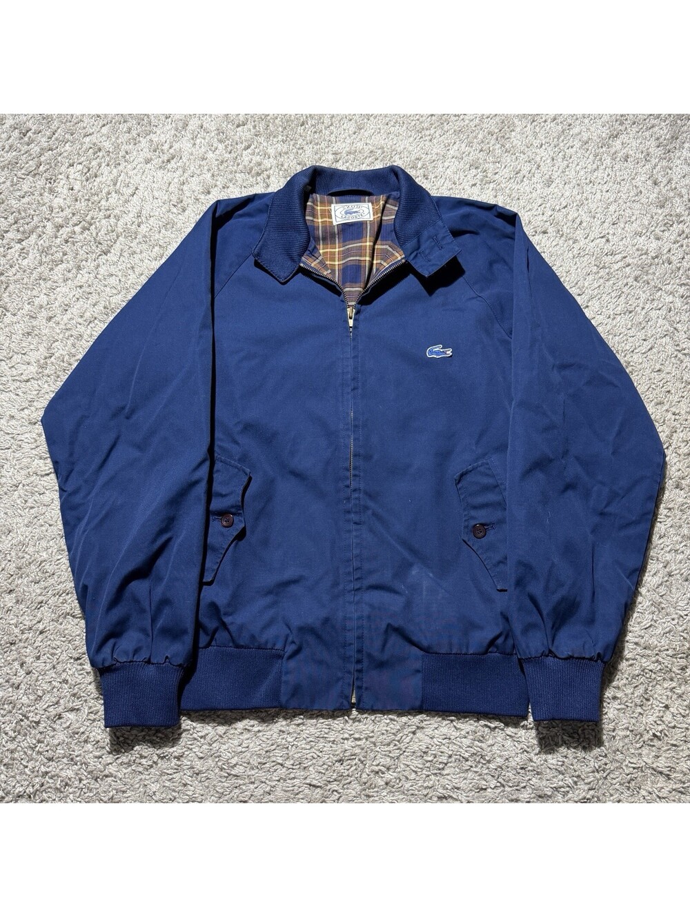 VTG Izod Lacoste Harrington Jacket Men's Plaid Lined Alligator Zip Blue Small